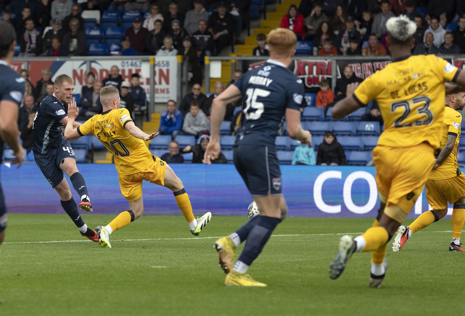 Josh Reid took aim at goal against Livingston – but did not mind Simon Murray nipping in to score instead. Picture: Ken Macpherson