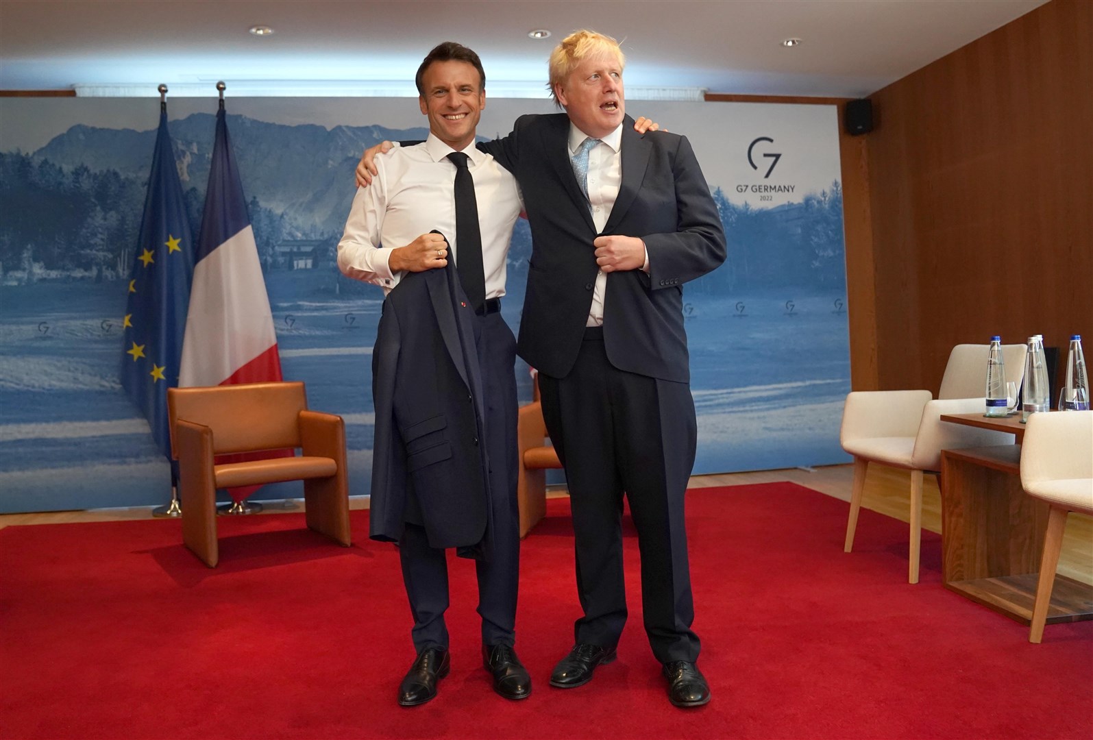Prime Minister Boris Johnson greets French President Emmanuel Macron at the G7 summit (Stefan Rousseau/PA)