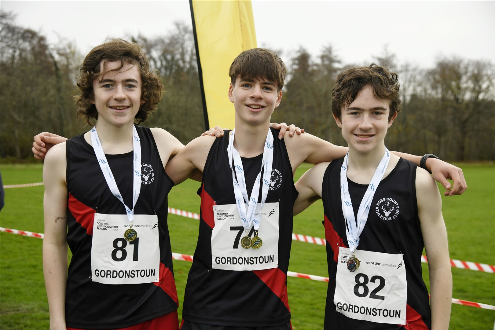 Team winners from Ross County Athletics Club are Kaeden Thomas, Andrew Baird and Lachlan Thomas in the Under 15 Boys. ..North District Cross Country Championships at Gordonstoun...Picture: Beth Taylor..