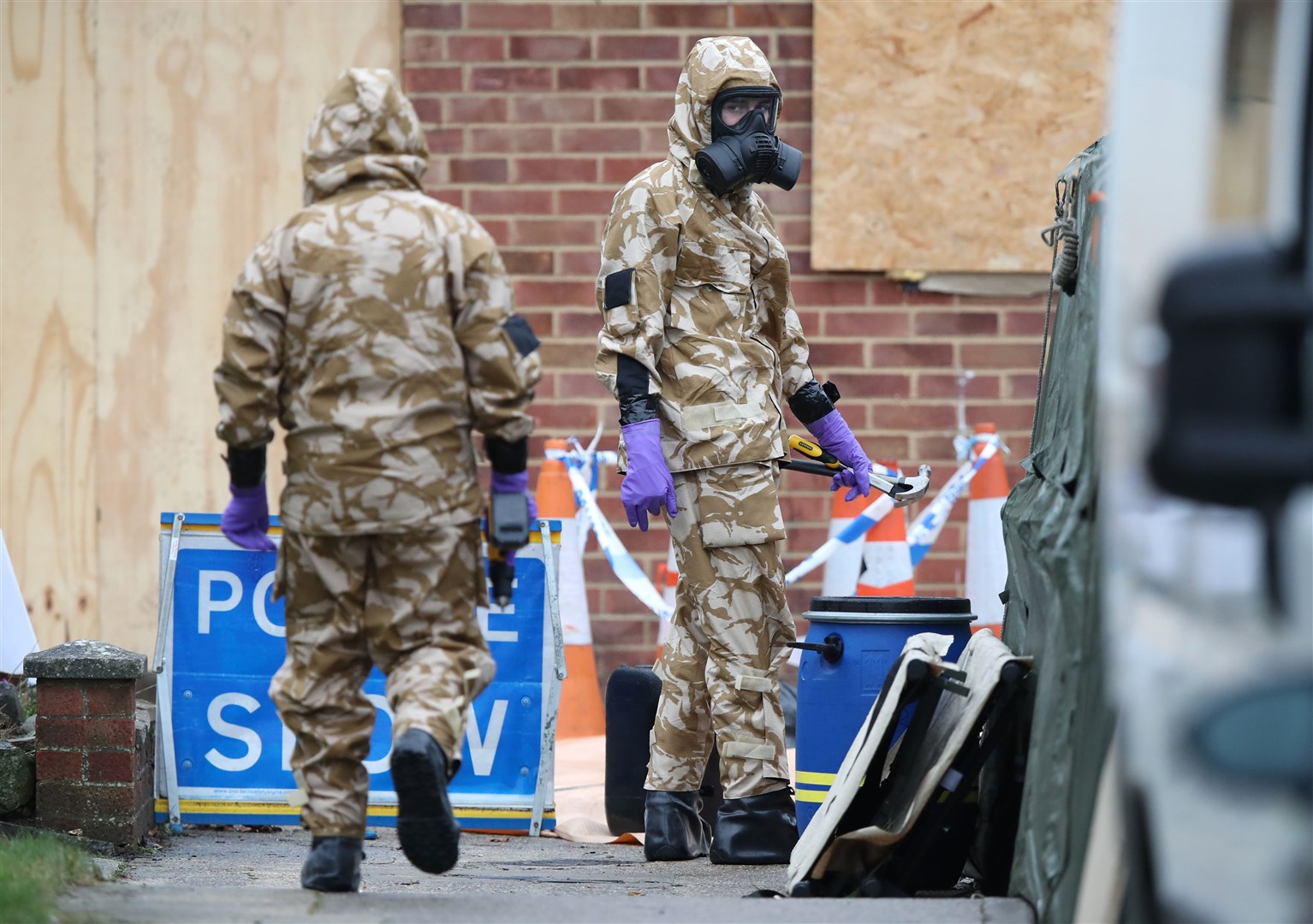 Members of the military wore protective clothing as work took place at the home of former Russian spy Sergei Skripal (Andrew Matthews/PA)