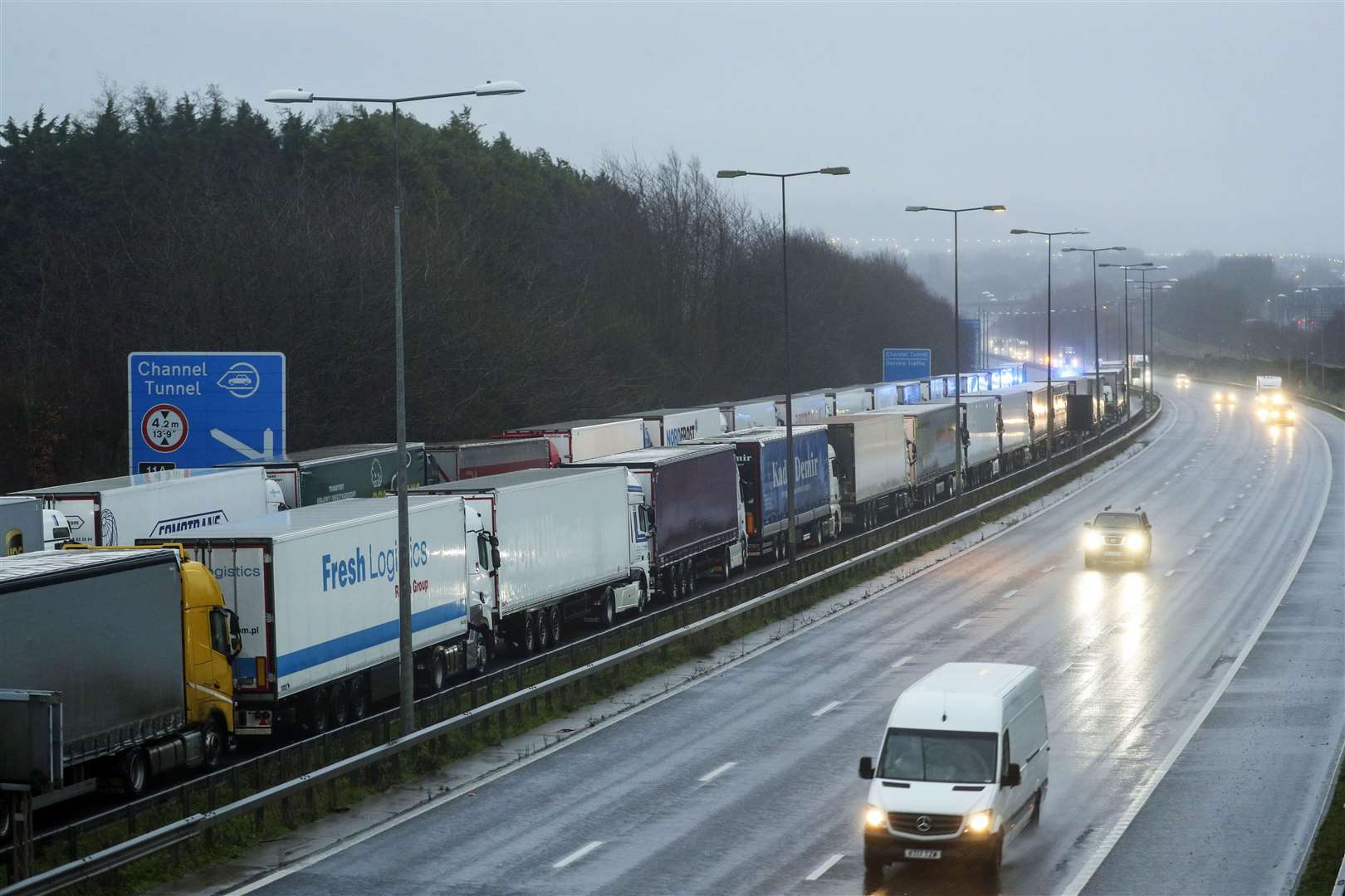 Lorries parked on the M20 near Folkestone, Kent, as part of Operation Stack (Steve Parsons/PA)