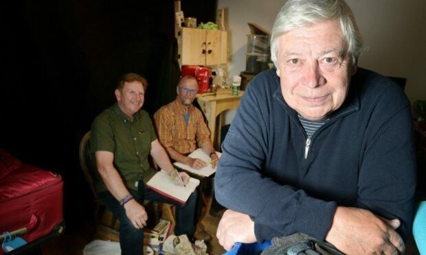 Man Shed, written by Euan Martin (left) directed by Dave Smith (centre) and starring Ron Emslie (right) is being rehearsed in a man shed built by Dave in Tain this week, before heading out for a tour of in halls around Scotland throughout September, including Ardross Hall.