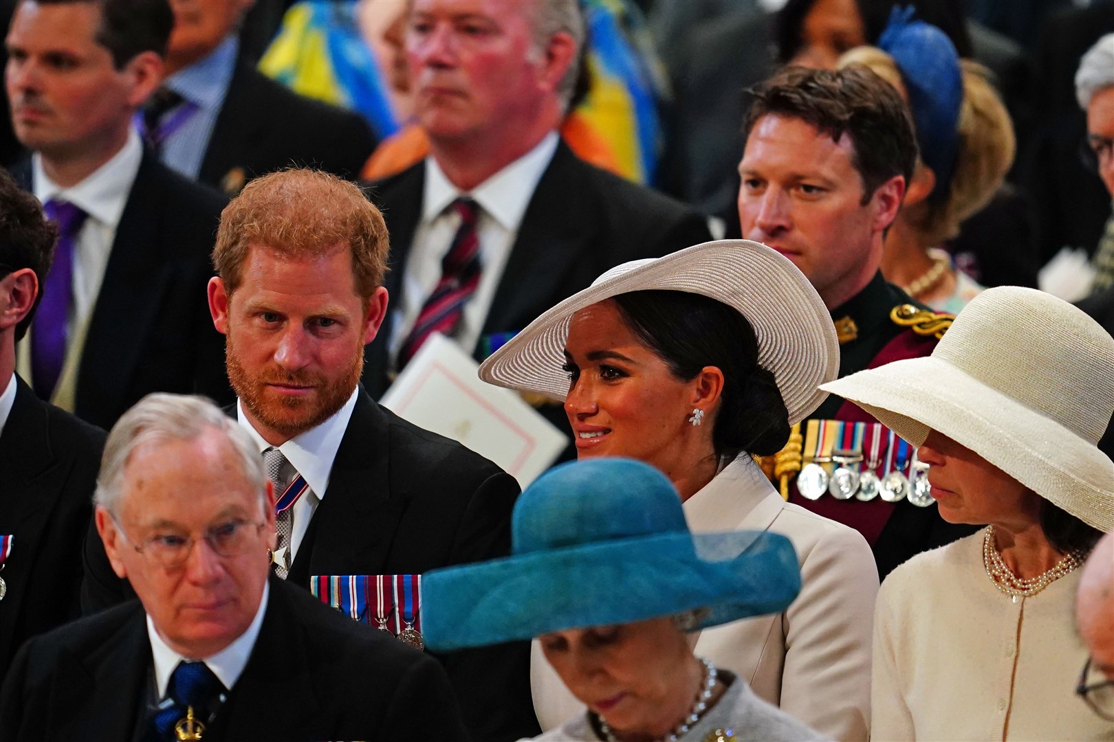 The Duke and Duchess of Sussex and Lady Sarah Chatto during the service (PA)