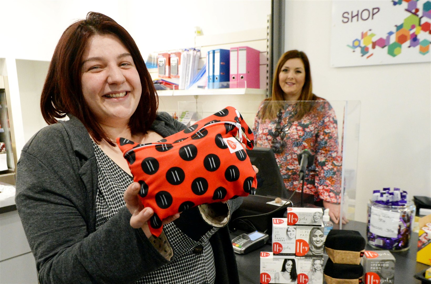 UHI to give away Hey Girls eco period products: Sophie MacGregor, Student Association Assistant and Louise Martin-Thyrs, Access Progression Manager holding the new products that will be available at the UHI Campus shop. Picture: James Mackenzie.