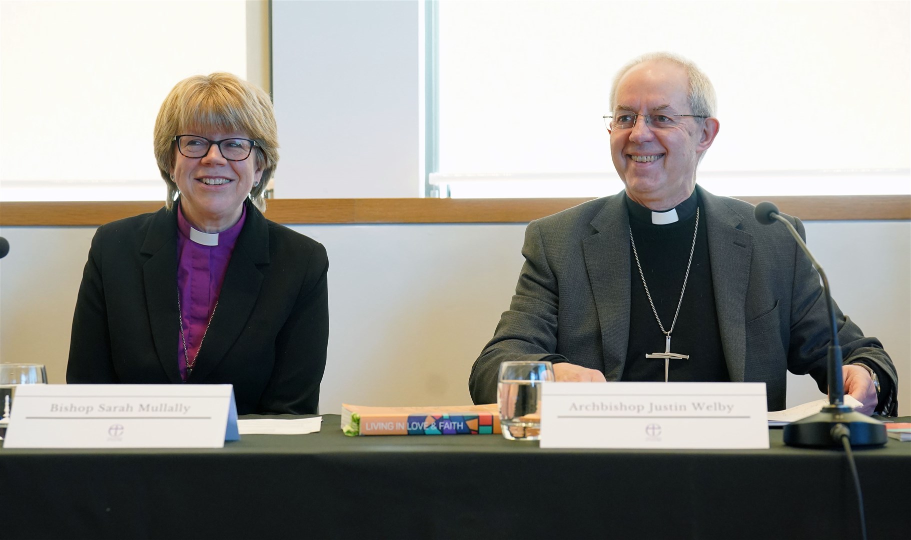 The Bishop of London Sarah Mullally and Archbishop of Canterbury, Justin Welby address a press conference on Friday (Jonathan Brady/PA)