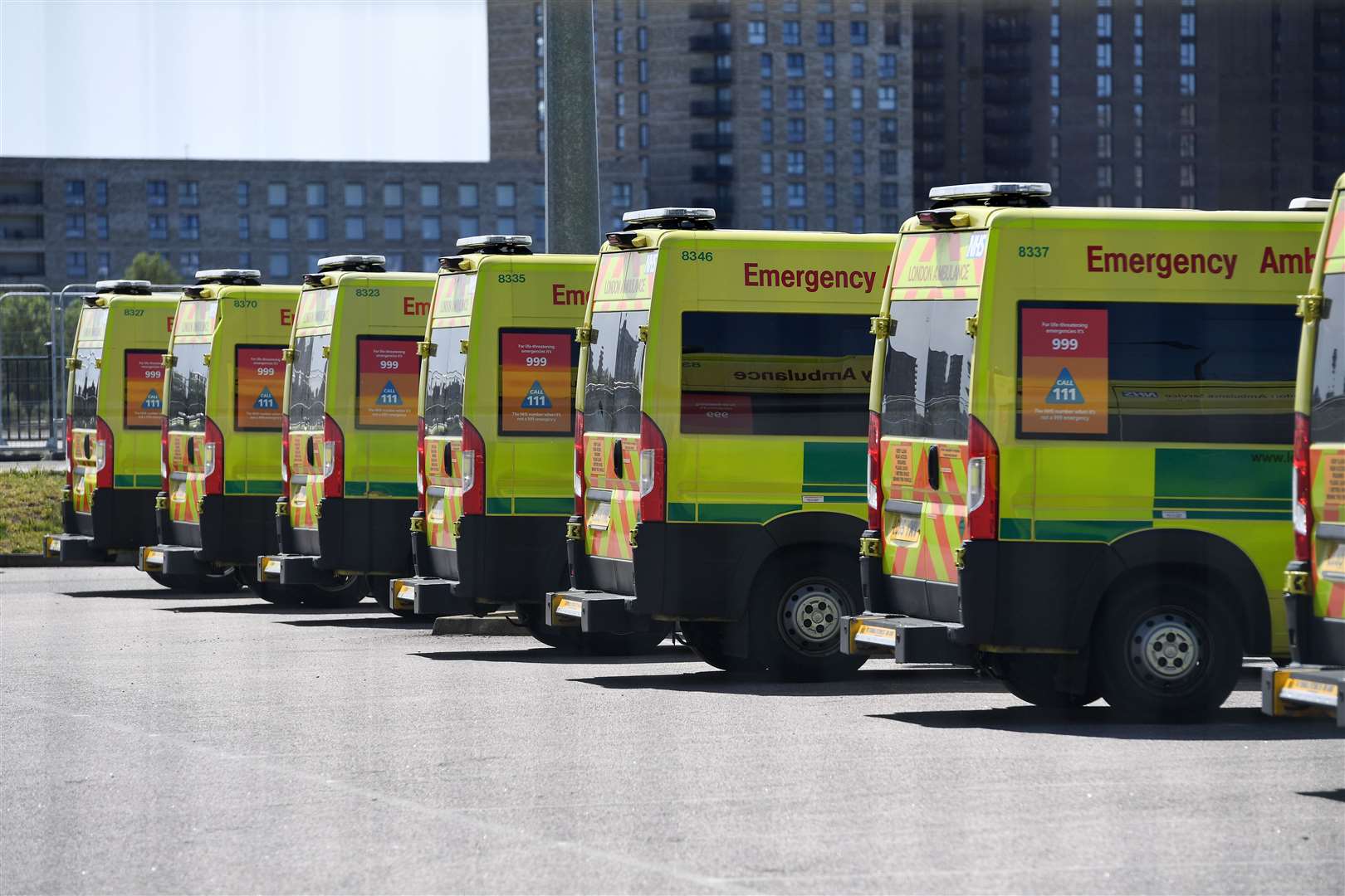 Ambulances parked at the NHS Nightingale Hospital at the ExCeL centre in London (Kirsty O’Connor/PA)