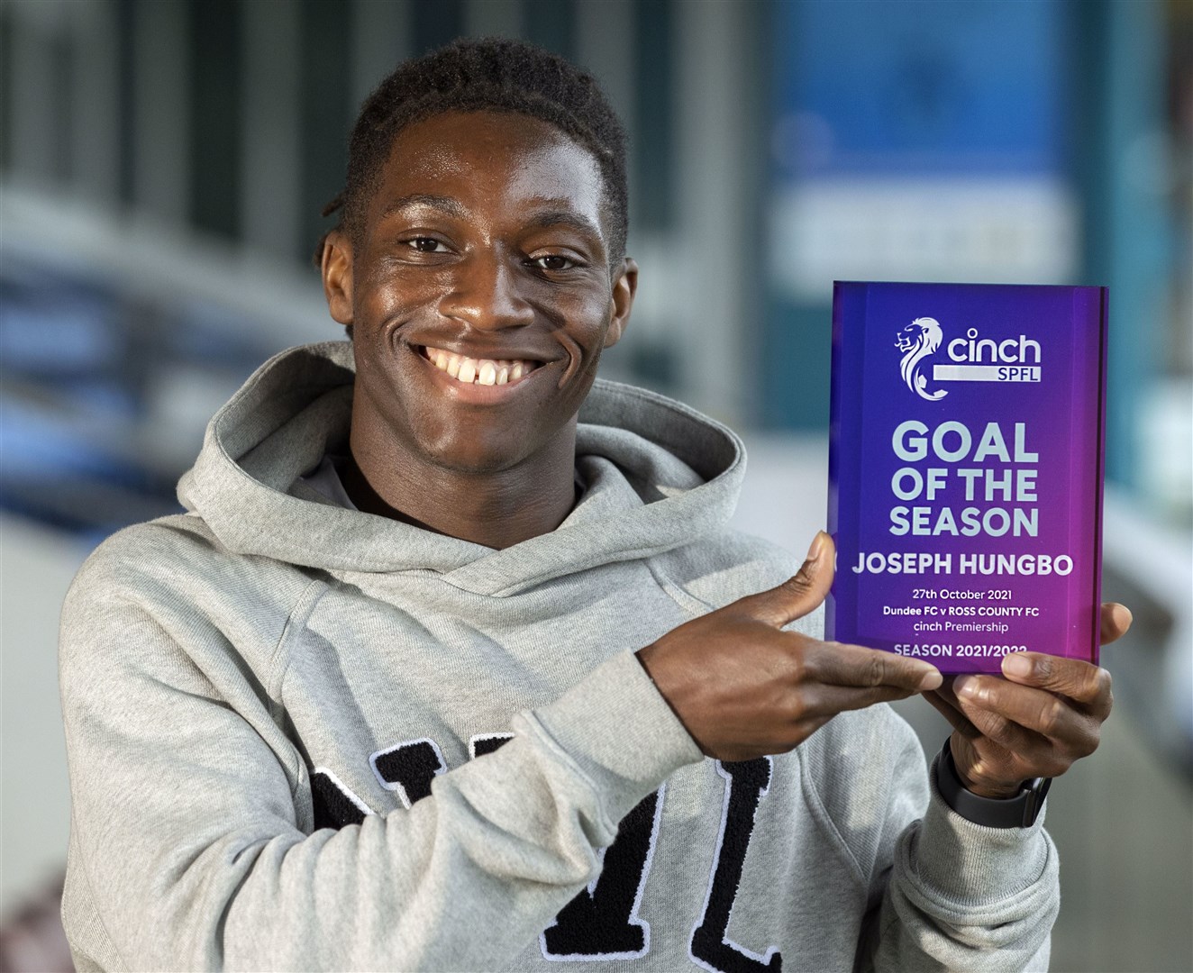 Picture - Ken Macpherson. Ross County FC. Ross County's Joseph Hungbo with his Goal of the Season 2021-22 award, for his free-kick in the 5-0 win over Dundee in October.